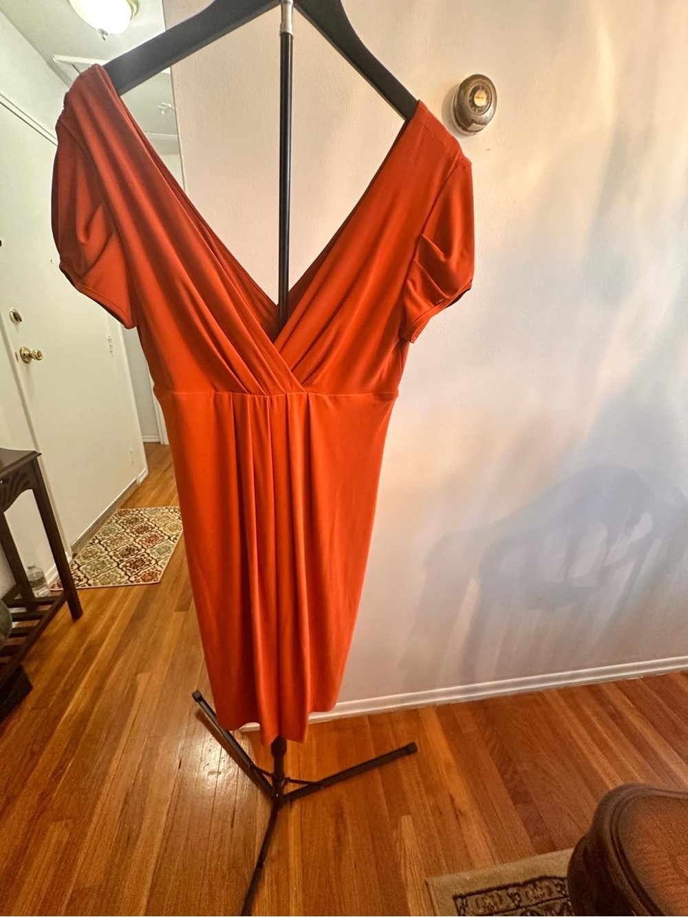 Deep Orange V-Neck Midi Dress
